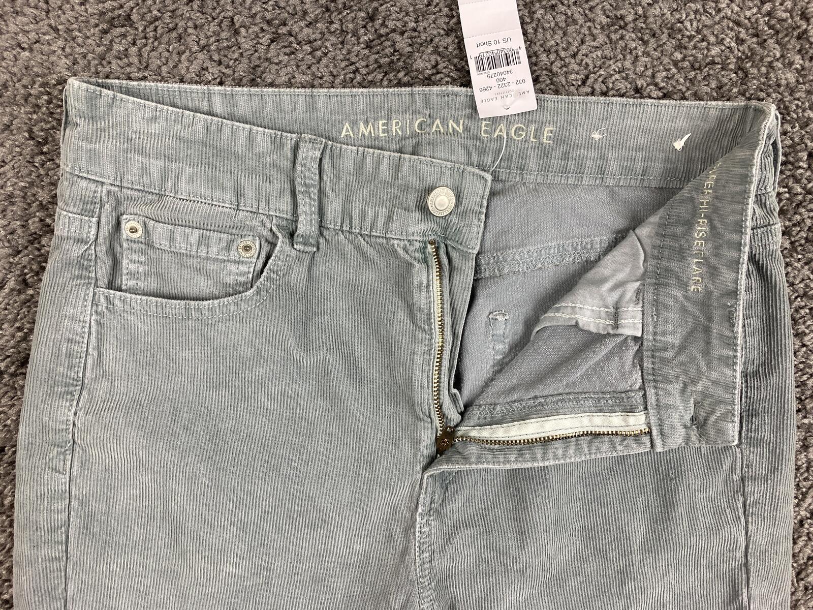 American Eagle Corduroy Pants Womens Short Super High Rise Flare Gray Sz 10 NWT
