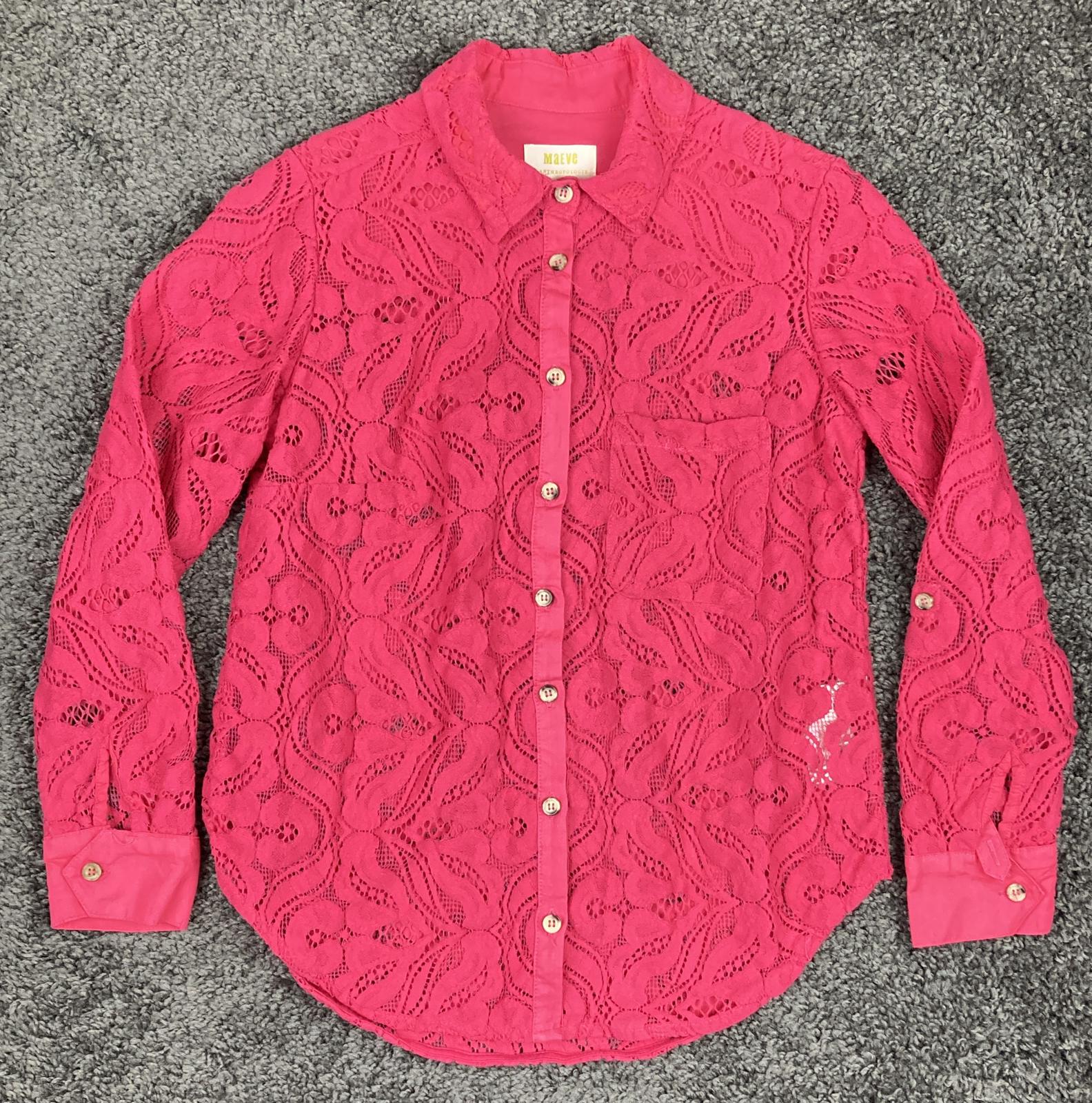 Maeve by Anthropologie Lace Button Up Shirt Womens Pink Floral Long Sleeve Sz 2P