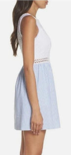 Lilly Pulitzer Alivia Fit & Flare Eyelet Lace Seersucker Blue White Dress Sz 2