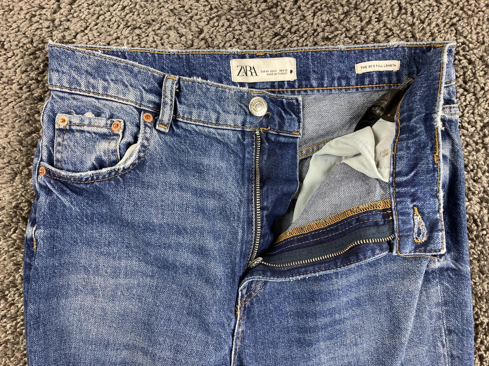 Zara Jeans Women's Blue The 90's Full Length Wide Leg Raw Hem Size 8