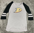 NHL Anaheim Ducks Women’s Medium Raglan 3 Qtr Sleeve Shirt Gray Black Fan Gear M