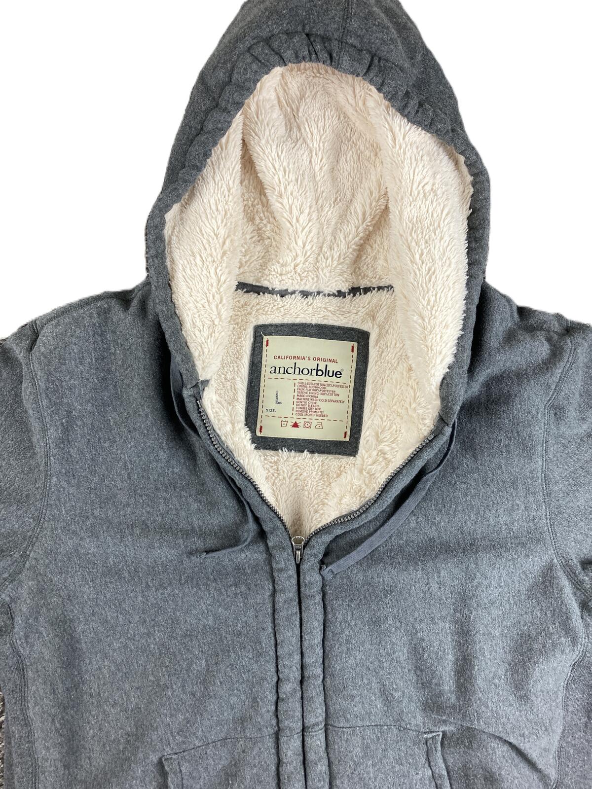 Vintage Anchor Blue Sherpa Lined Full Zip Hoodie Men's Gray Heavyweight Sz L