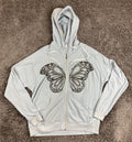 Lauren Moshi Butterfly Hamsa Zip Up Hoodie Blue Rainbow Stitch Graphic Sweater M