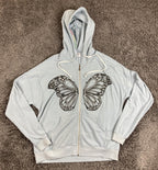 Lauren Moshi Butterfly Hamsa Zip Up Hoodie Blue Rainbow Stitch Graphic Sweater M