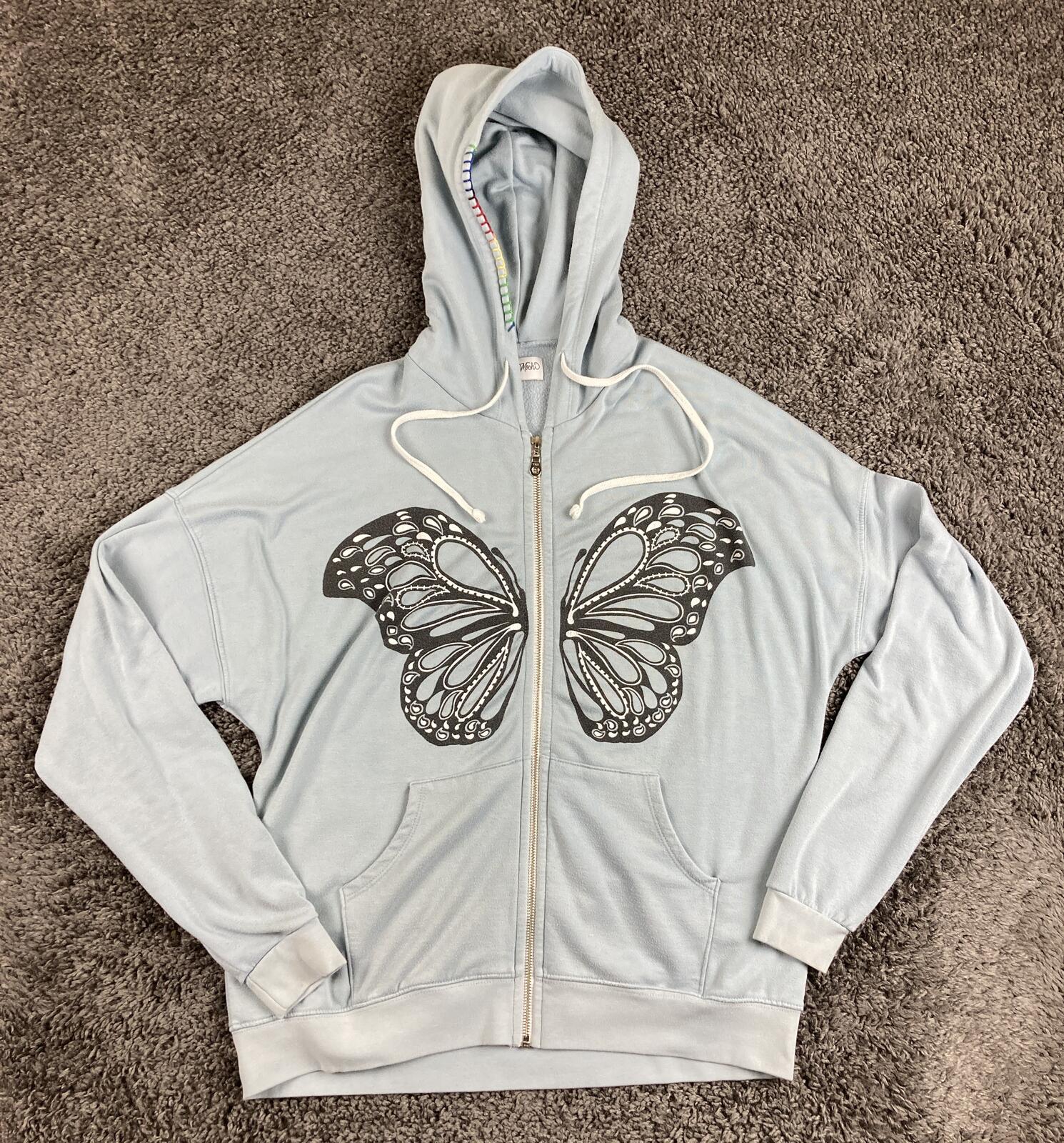 Lauren Moshi Butterfly Hamsa Zip Up Hoodie Blue Rainbow Stitch Graphic Sweater M