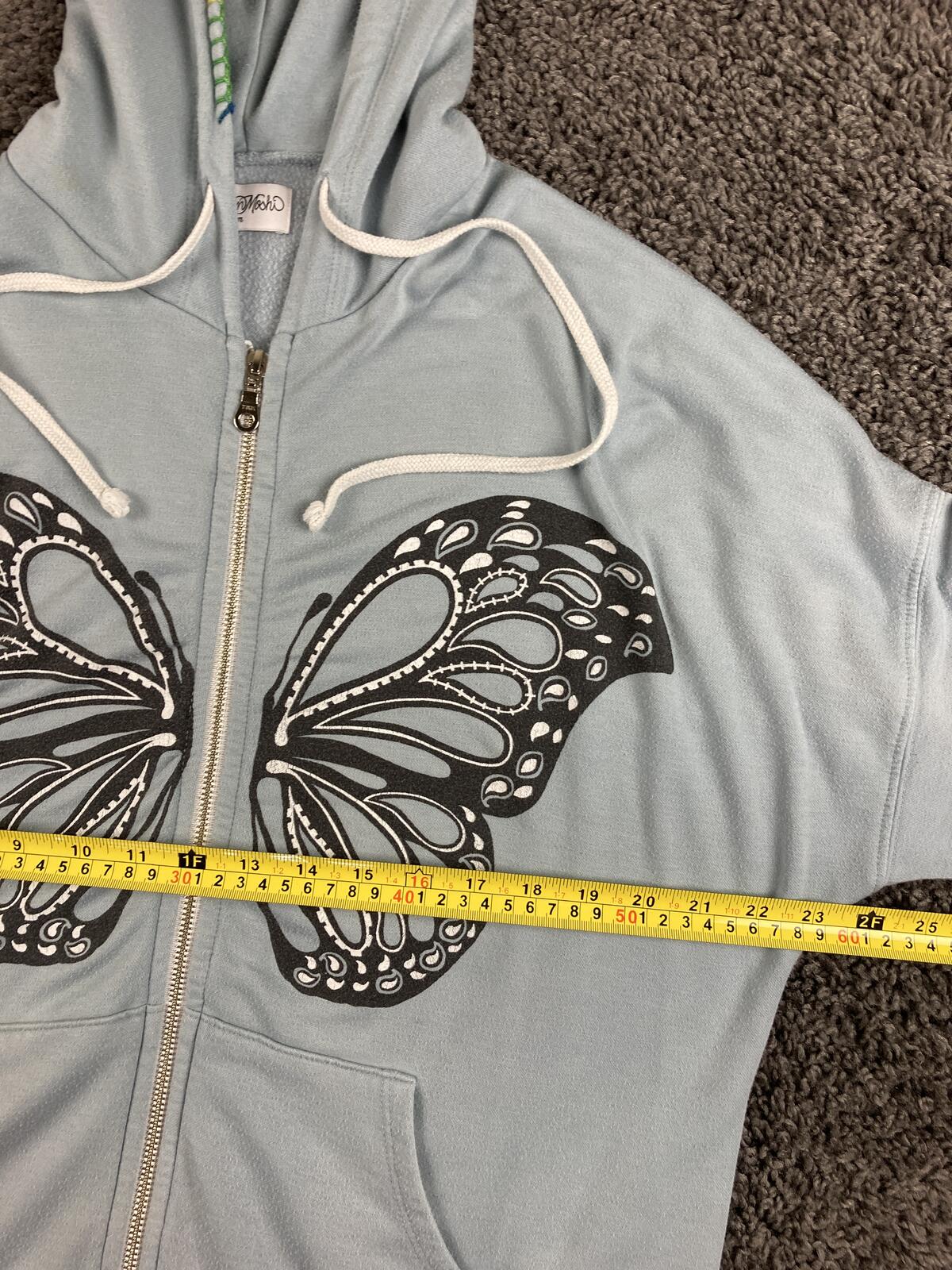 Lauren Moshi Butterfly Hamsa Zip Up Hoodie Blue Rainbow Stitch Graphic Sweater M