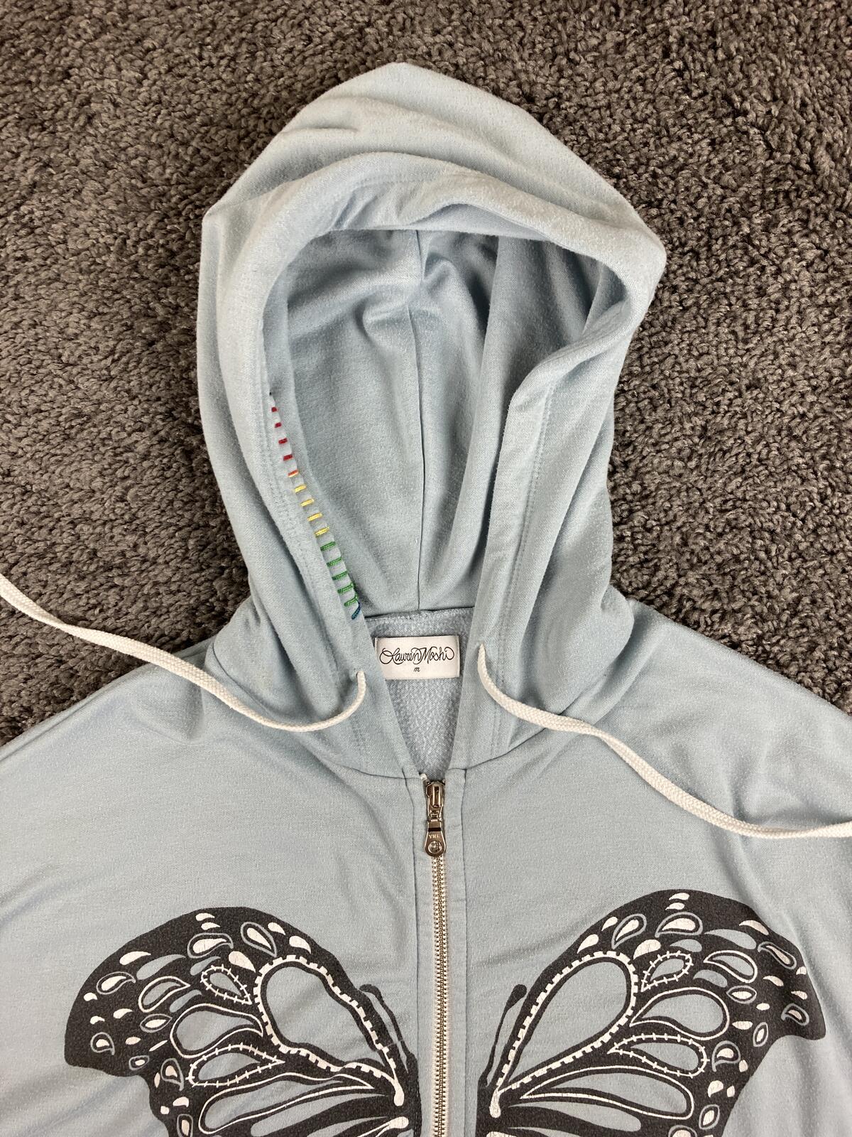 Lauren Moshi Butterfly Hamsa Zip Up Hoodie Blue Rainbow Stitch Graphic Sweater M