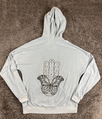 Lauren Moshi Butterfly Hamsa Zip Up Hoodie Blue Rainbow Stitch Graphic Sweater M