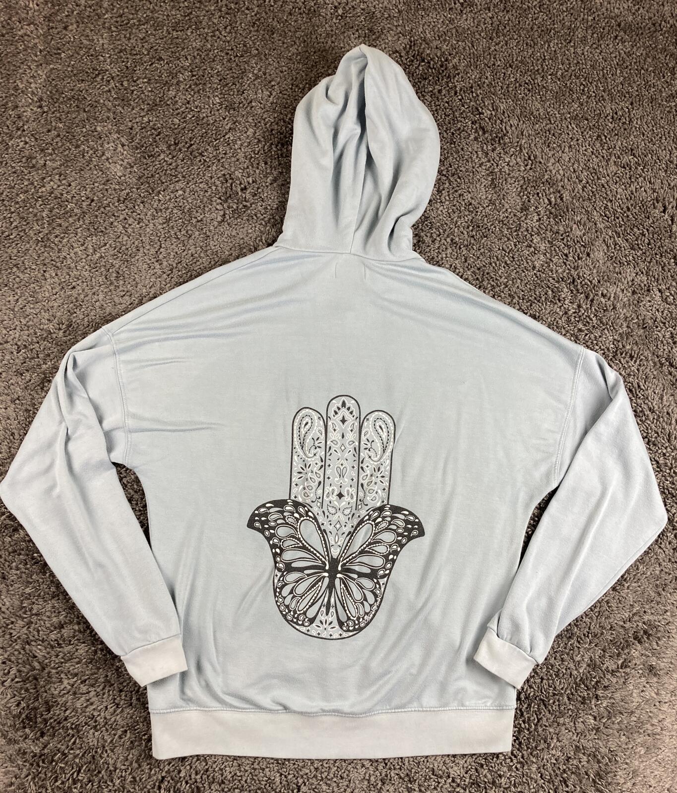 Lauren Moshi Butterfly Hamsa Zip Up Hoodie Blue Rainbow Stitch Graphic Sweater M