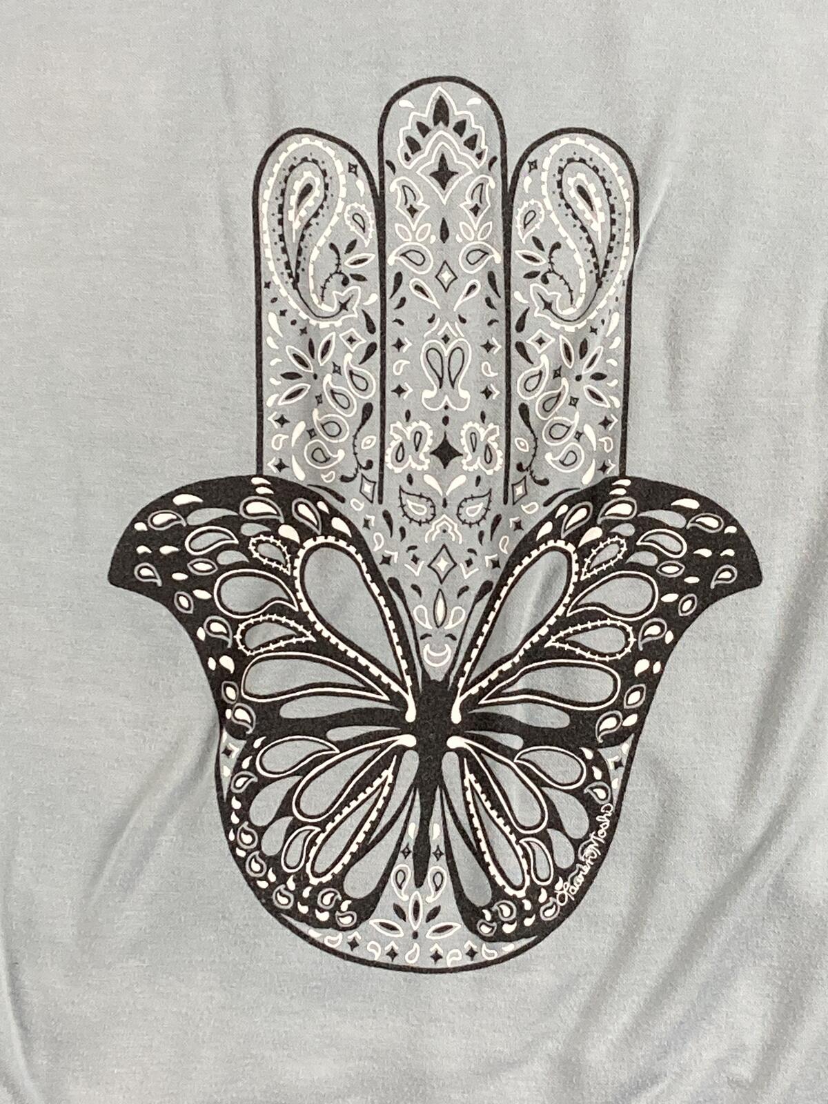 Lauren Moshi Butterfly Hamsa Zip Up Hoodie Blue Rainbow Stitch Graphic Sweater M