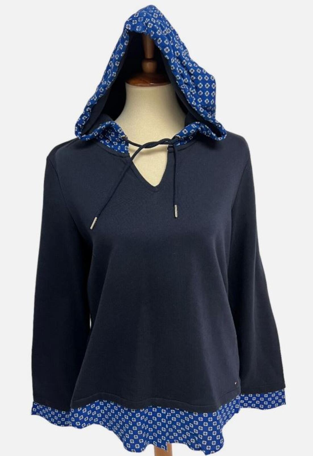 Tommy Hilfiger Womens Hoodie Sweatshirt  Navy Blue Floral Layered Hem Sz XS