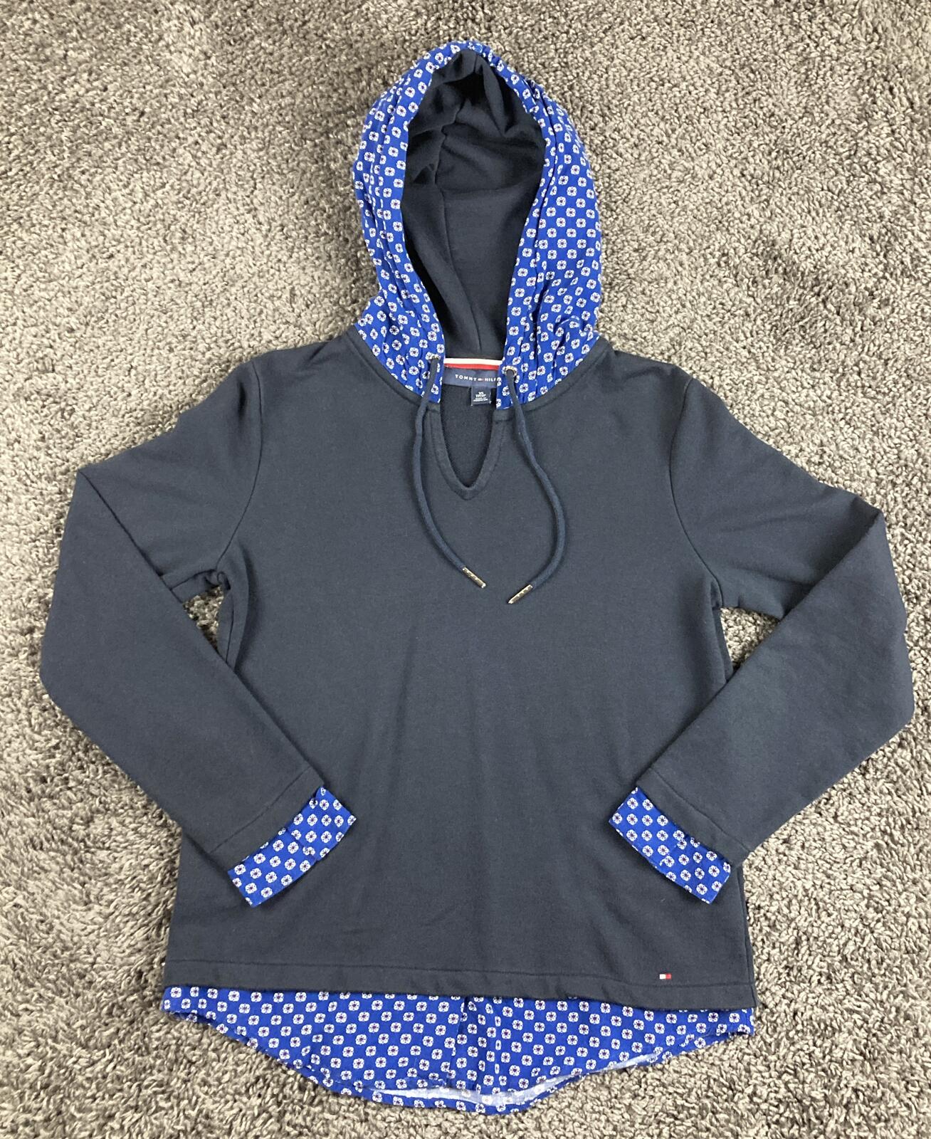 Tommy Hilfiger Womens Hoodie Sweatshirt  Navy Blue Floral Layered Hem Sz XS