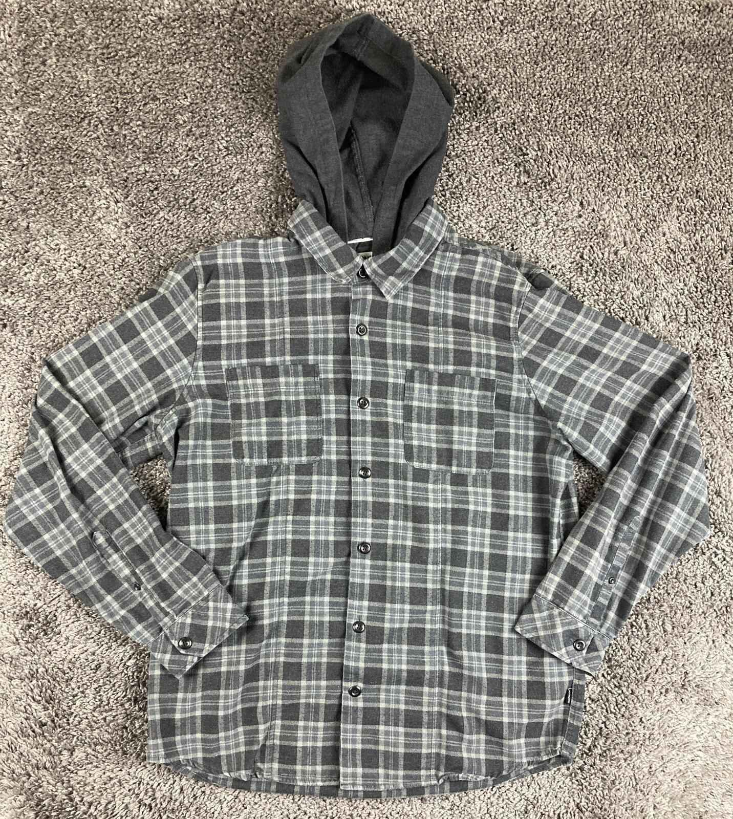 Hurley Mens Large Gray Plaid Hooded Flannel Shirt Classic Fit Long Sleeve L