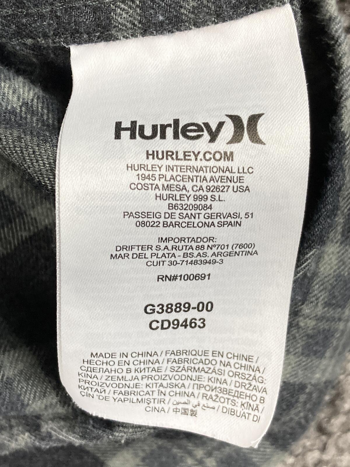 Hurley Mens Large Gray Plaid Hooded Flannel Shirt Classic Fit Long Sleeve L