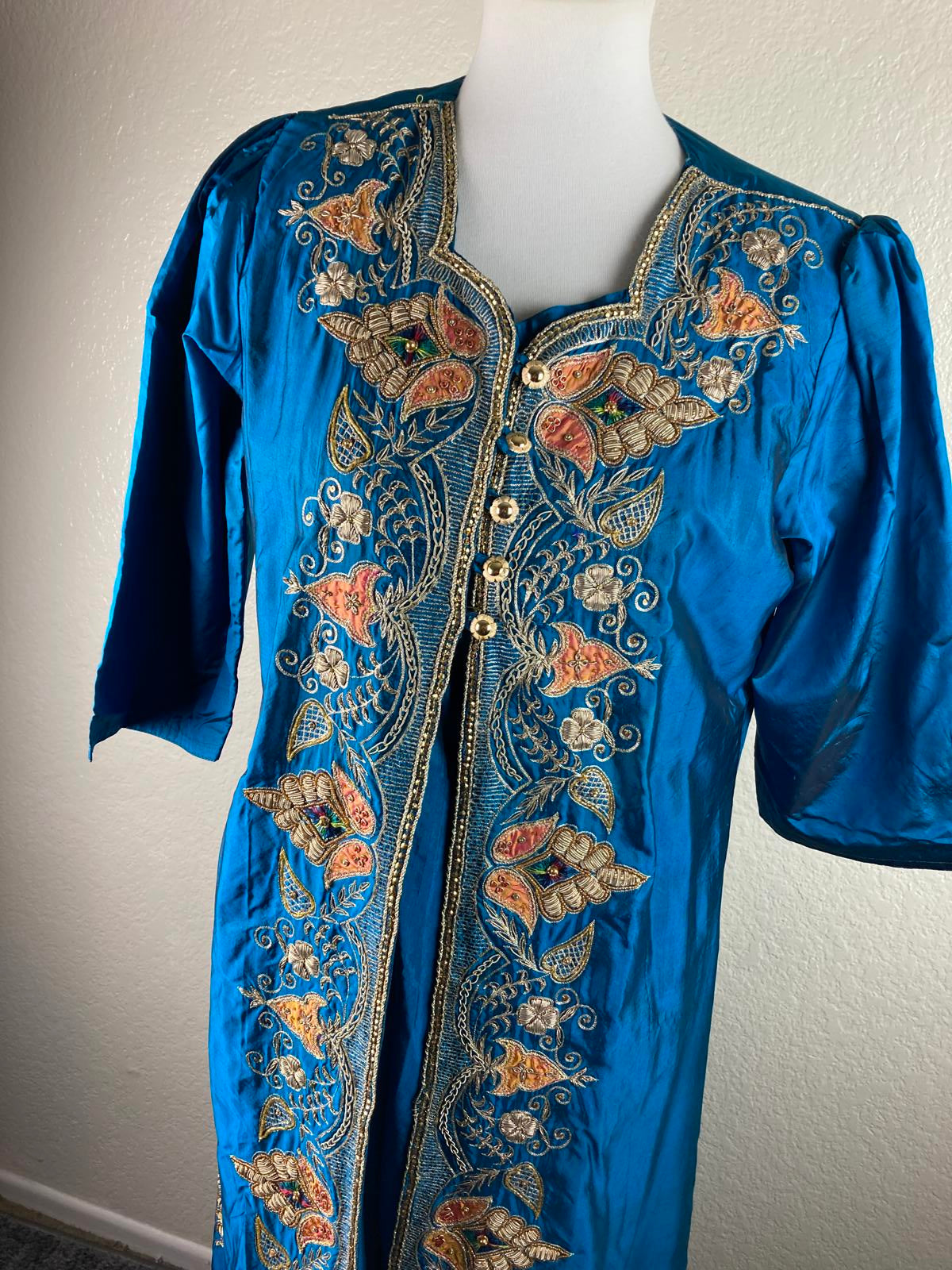 Kurta Dress Pants & Scarf Dupatta Set Women's Vintage 3-Piece Blue Embroidered