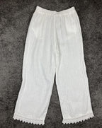 Spighe Di Lino Linen Wide Leg Pants Women's White Crochet Lace Hem Italy Size L