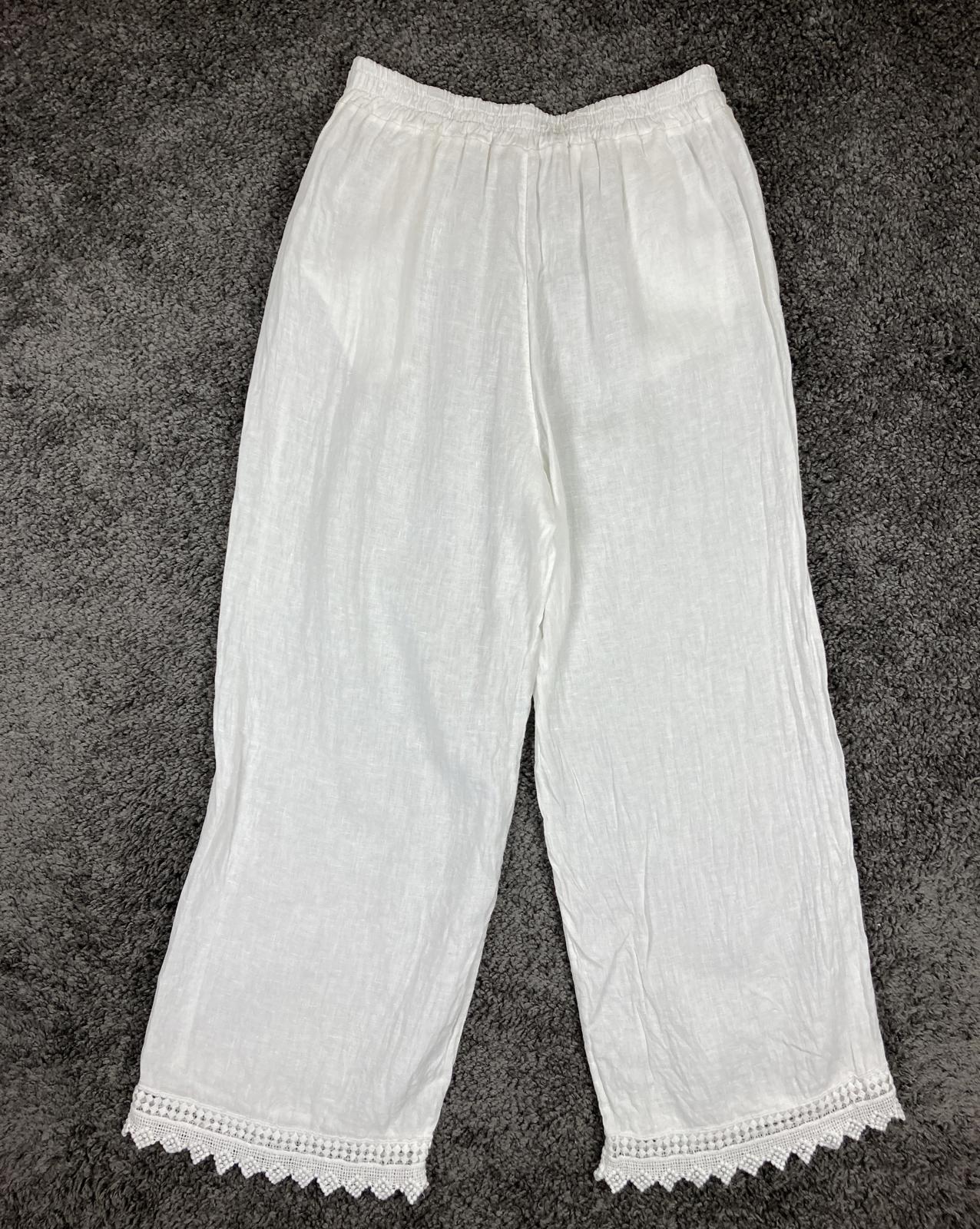 Spighe Di Lino Linen Wide Leg Pants Women's White Crochet Lace Hem Italy Size L