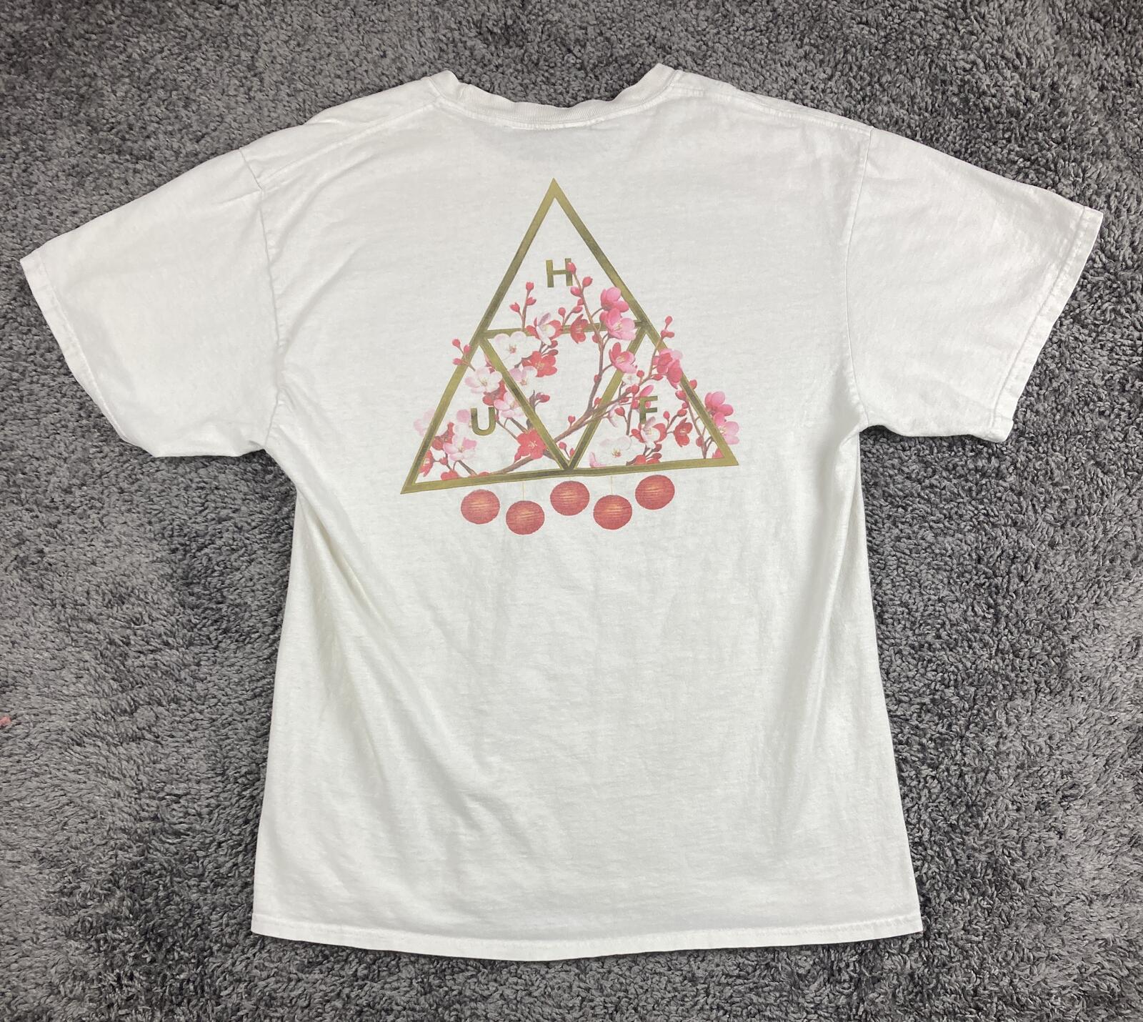 HUF Triple Triangle Cherry Blossom Lantern White Graphic T-Shirt Mens Sz Large