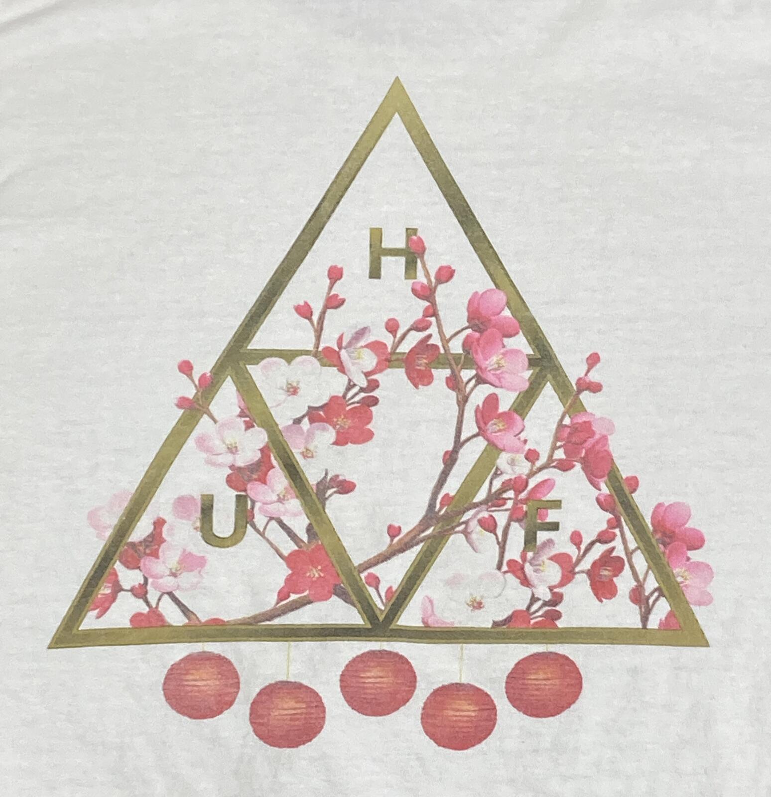 HUF Triple Triangle Cherry Blossom Lantern White Graphic T-Shirt Mens Sz Large