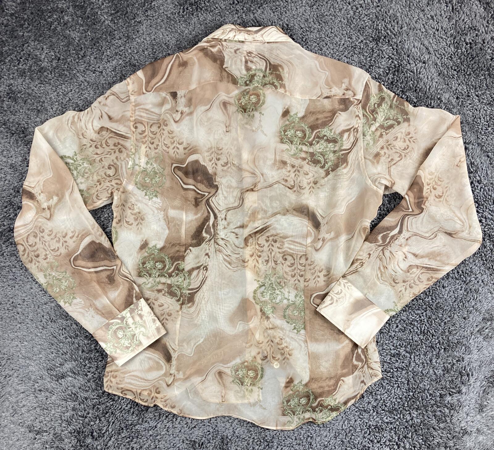 Poggianti Italy Men Sheer Mesh Shirt Brown Marble Baroque Damask Long Sleeve L
