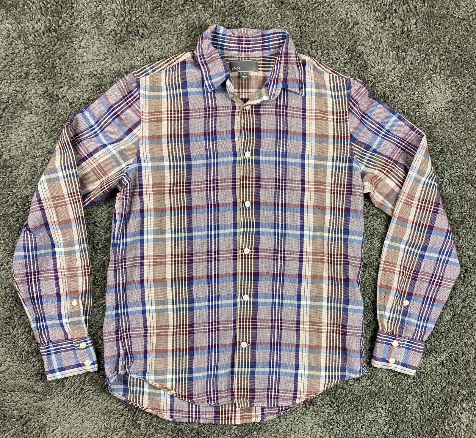 Vince Plaid Button Down Shirt Men's Blue Burgundy Linen Blend Sz M