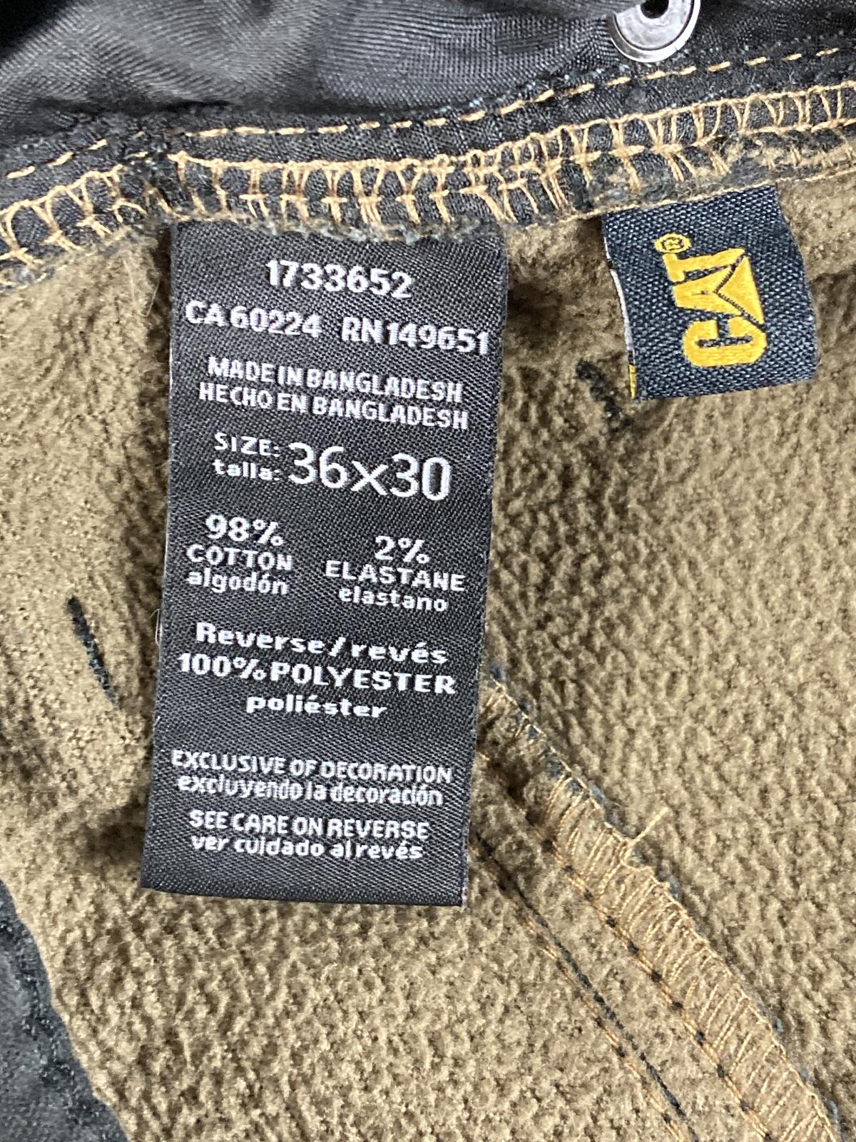 CAT Caterpillar Black Stretch Canvas Fleece Lined Work Pants Cotton Blend 36x30