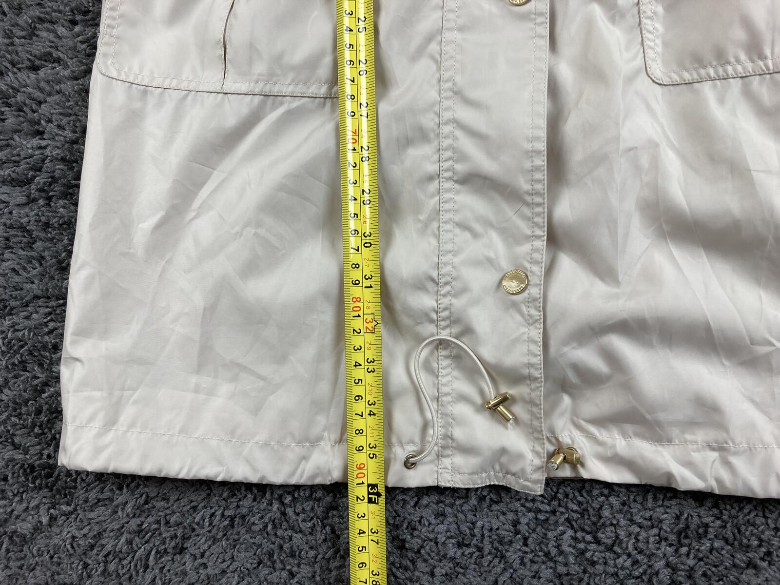 Ellen Tracy Hooded Raincoat Anorak Jacket Beige Gold Hardware Medium Length Sz S