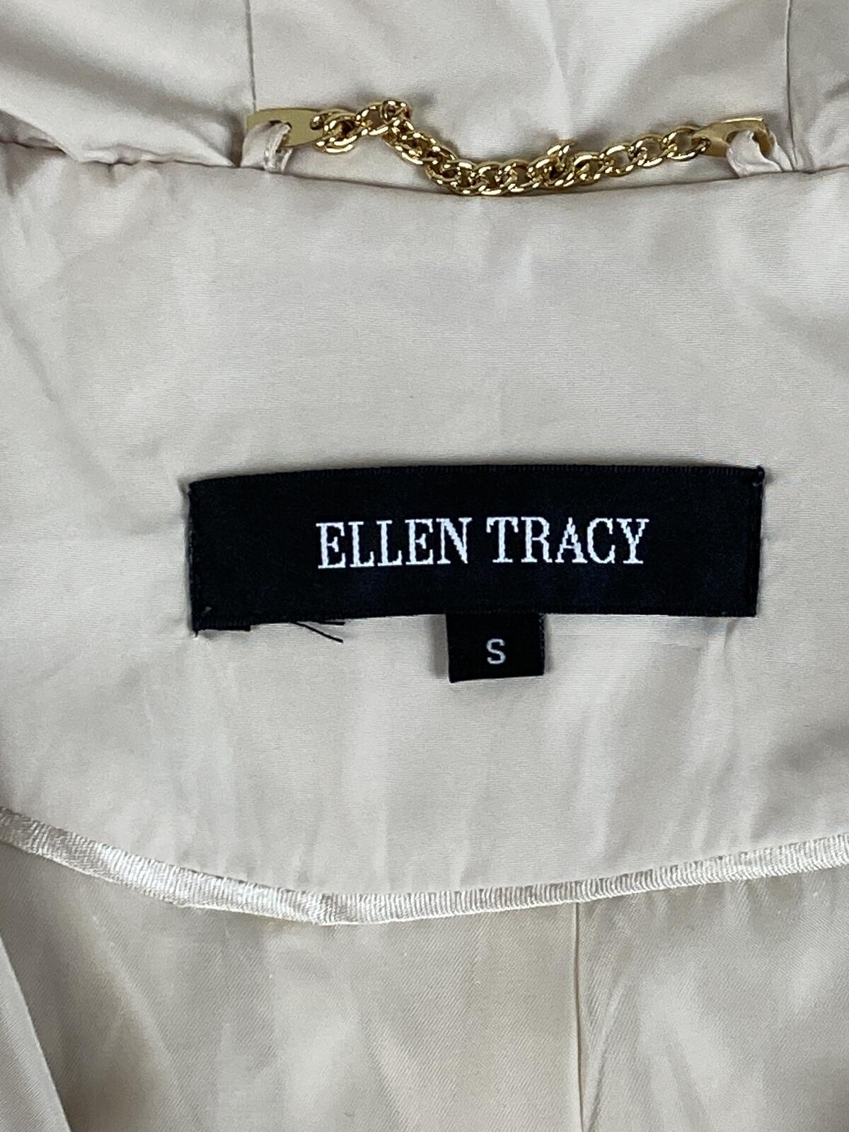 Ellen Tracy Hooded Raincoat Anorak Jacket Beige Gold Hardware Medium Length Sz S