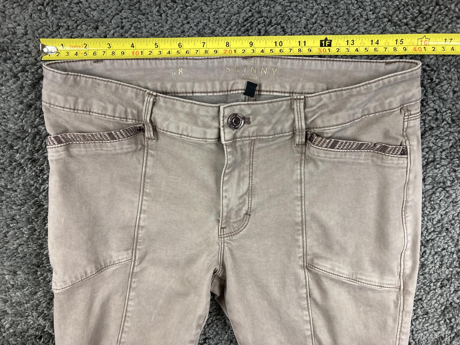 White House Black Market The Skinny Ankle Pants Tan Embroidered Zip Hem Sz 8