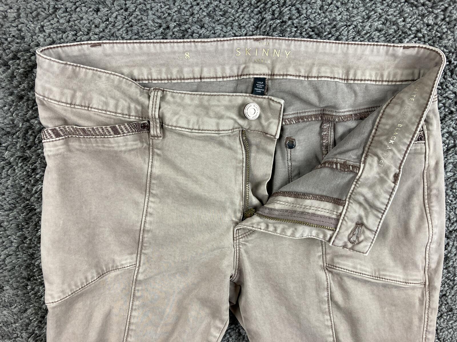 White House Black Market The Skinny Ankle Pants Tan Embroidered Zip Hem Sz 8