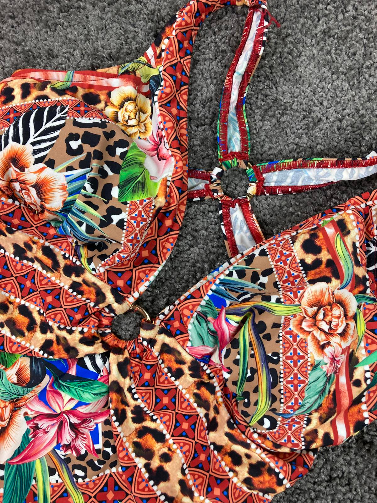 Venus One Piece Swimsuit Size 20 Multicolor Floral Leopard Cutout Ring Detail