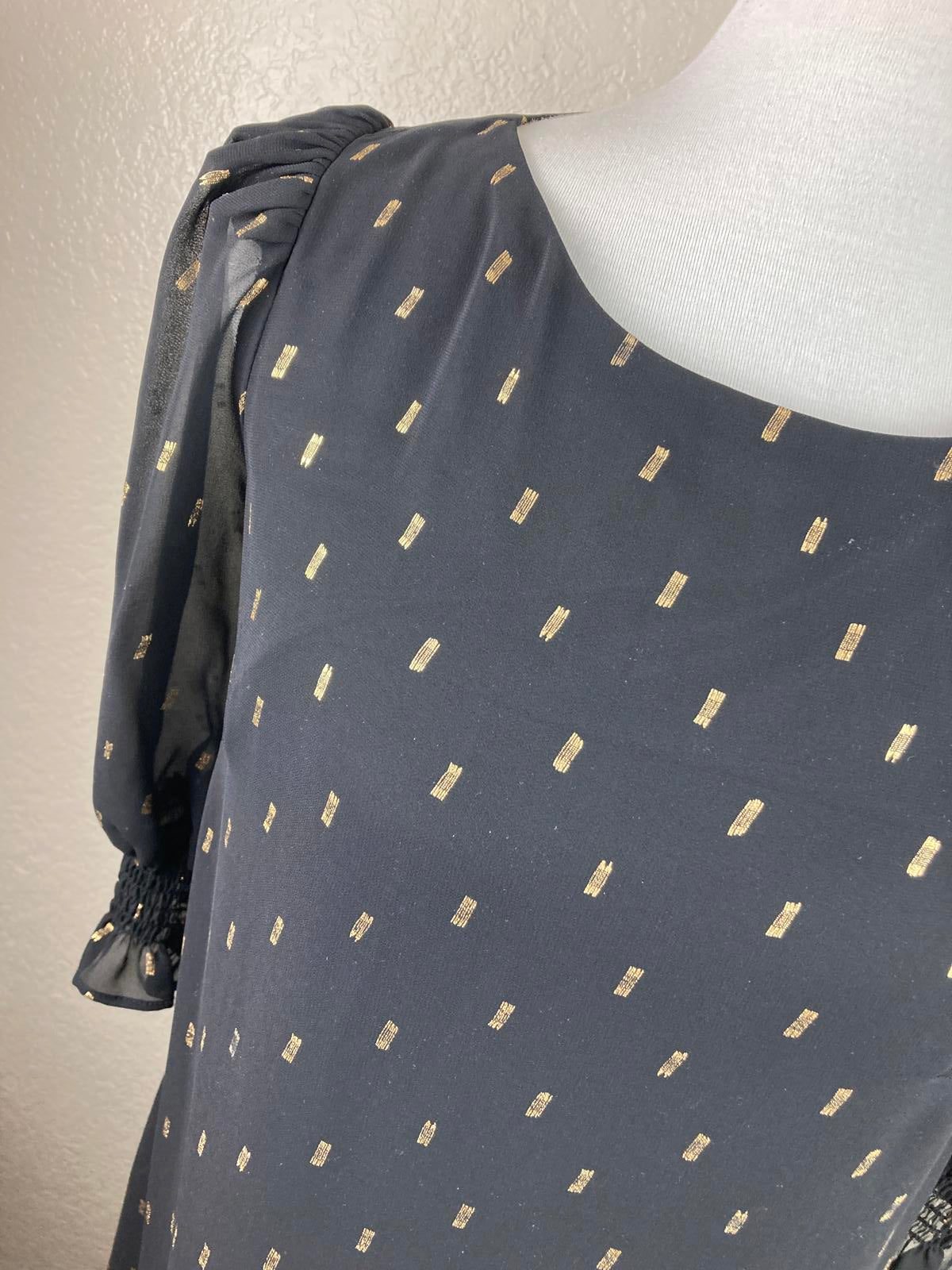 Eliza J Black Dress Gold Metallic Puff Sleeve  Size 8