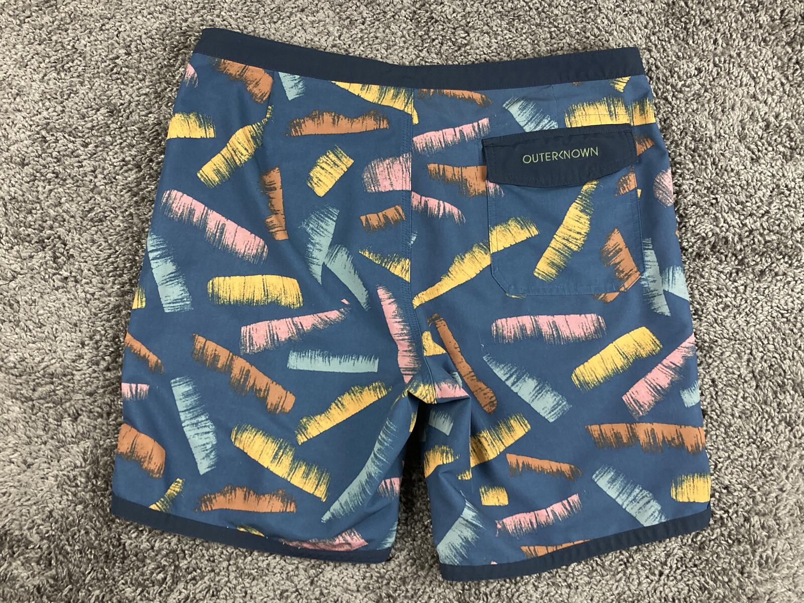 Outerknown Mens Board Shorts Blue Teal Brushstroke Swim Trunks Surf OK Size 34