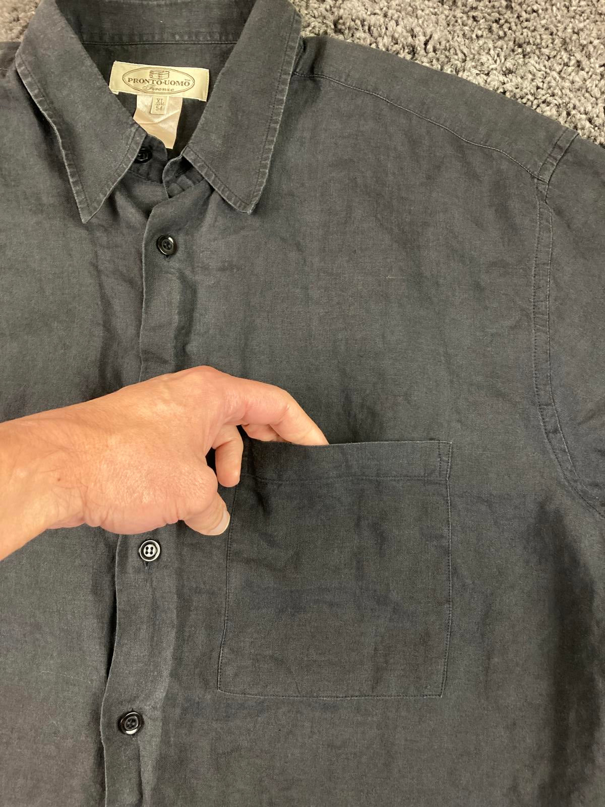 Pronto Uomo Firenze 100% Linen Button Up Shirt Mens Black Pocket Sz XL