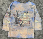 Jess & Jane Women's Top Pinot Noir Wine Print Rhinestone Blue Peach Sz Large