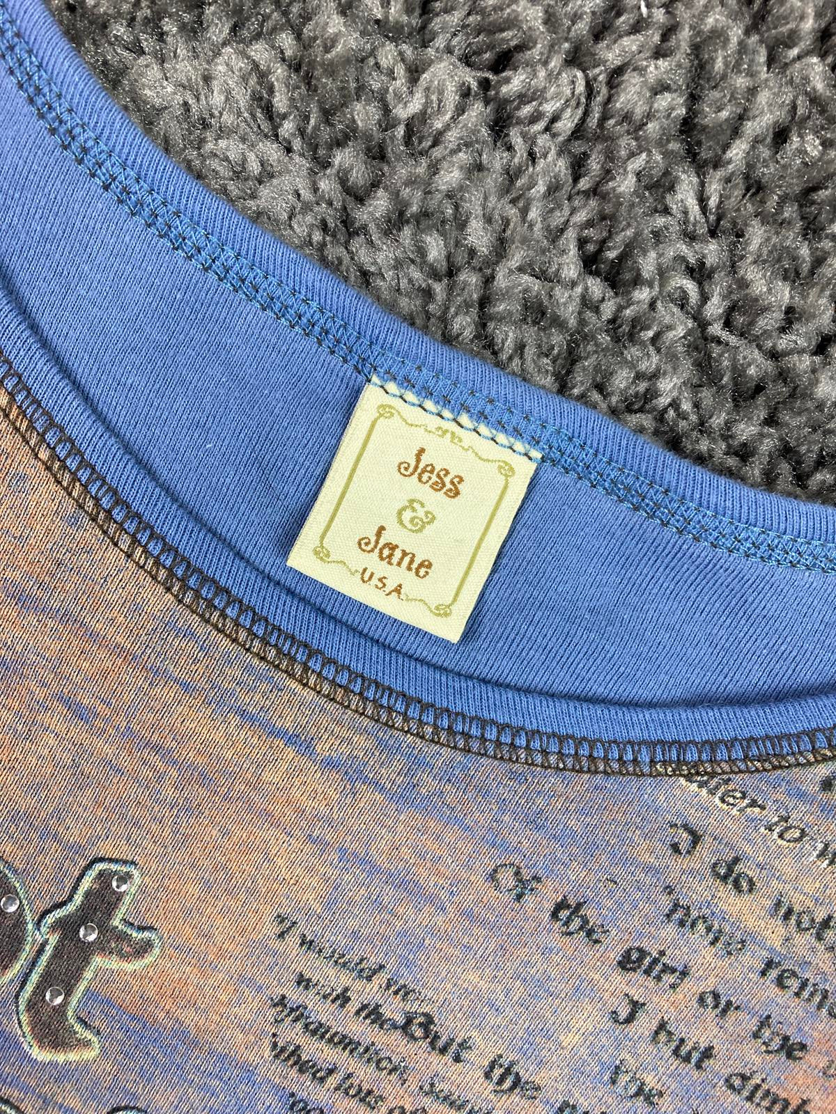 Jess & Jane Women's Top Pinot Noir Wine Print Rhinestone Blue Peach Sz Large