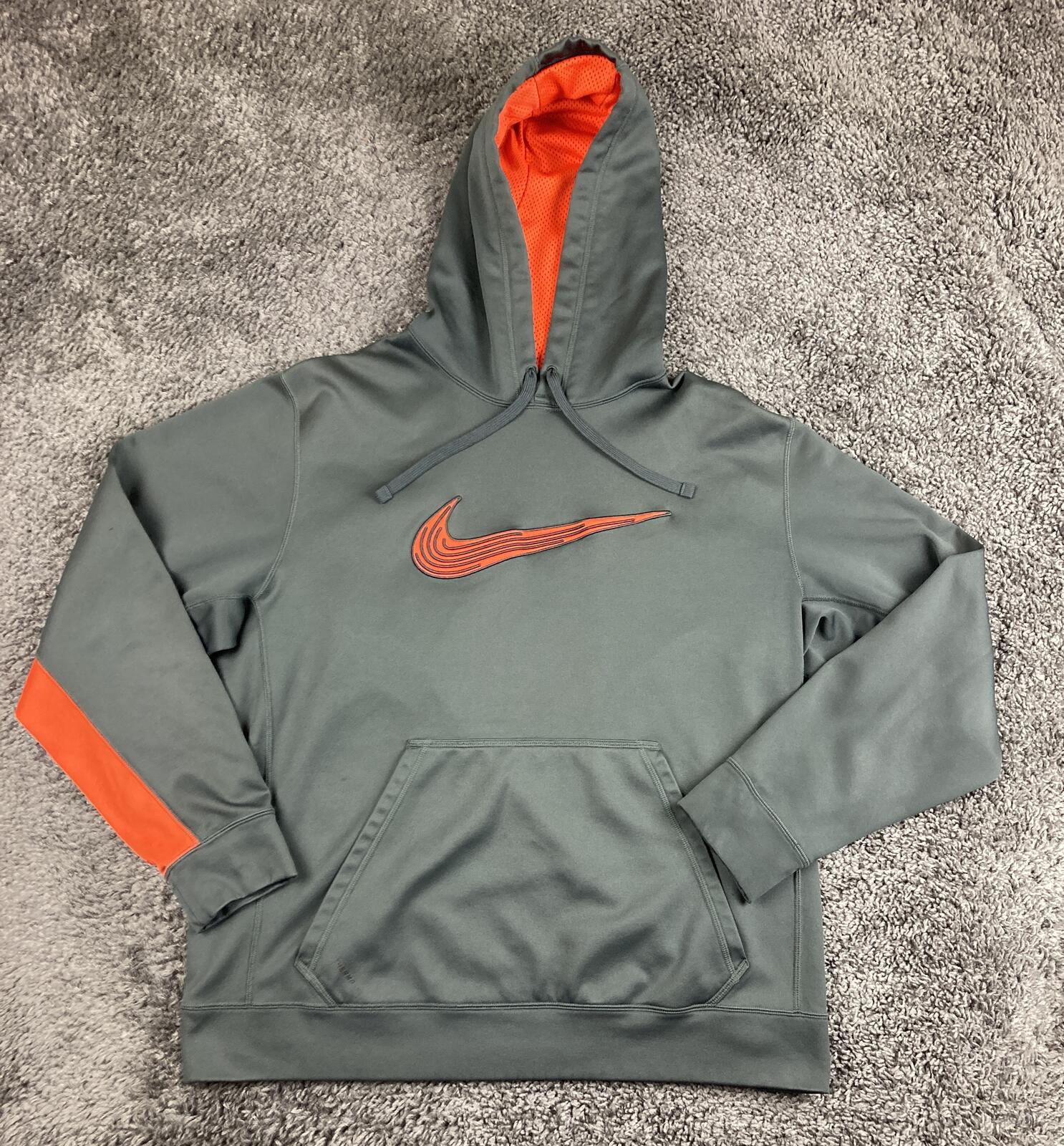 Nike Therma-FIT Hoodie Mens Gray Orange Swoosh Pullover Sweatshirt Sz XL