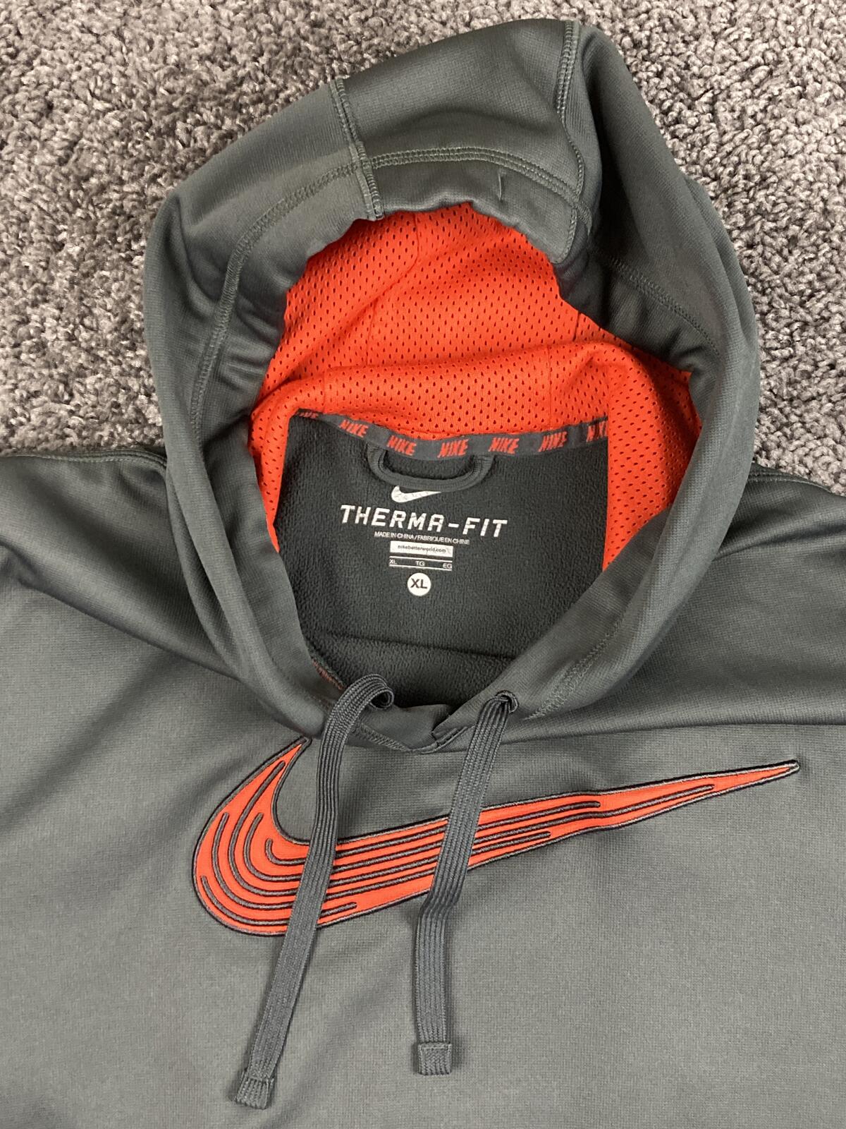 Nike Therma-FIT Hoodie Mens Gray Orange Swoosh Pullover Sweatshirt Sz XL