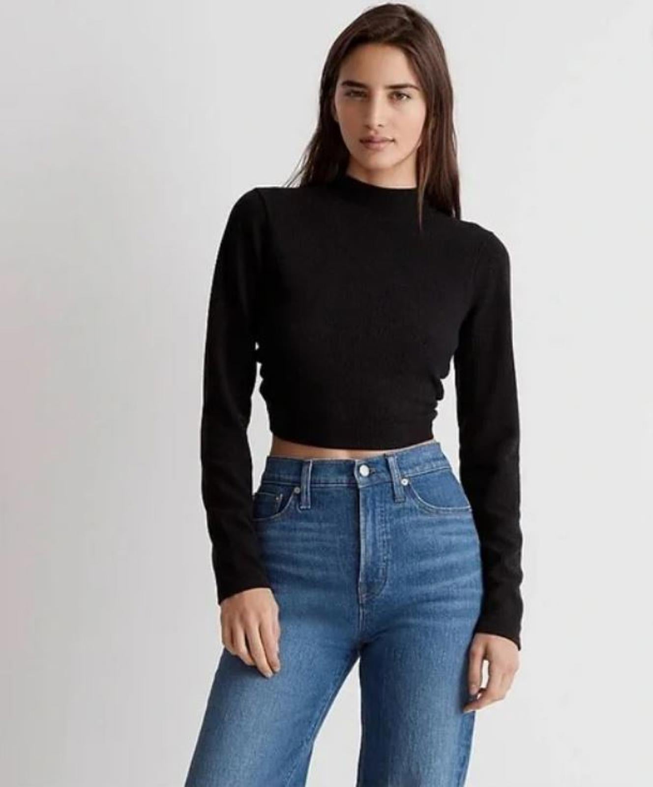 Madewell Top Black Ribbed Open Back Drawstring Crop Mock Neck  Size Large