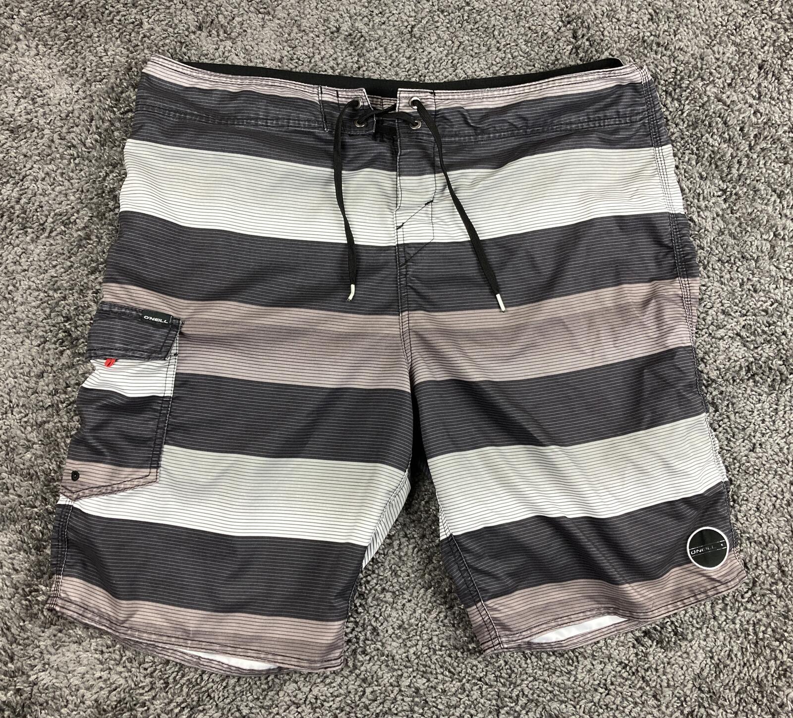 O'Neill Mens Board Shorts Gray Striped Swim Trunks Cargo Pocket Surfing Size 38