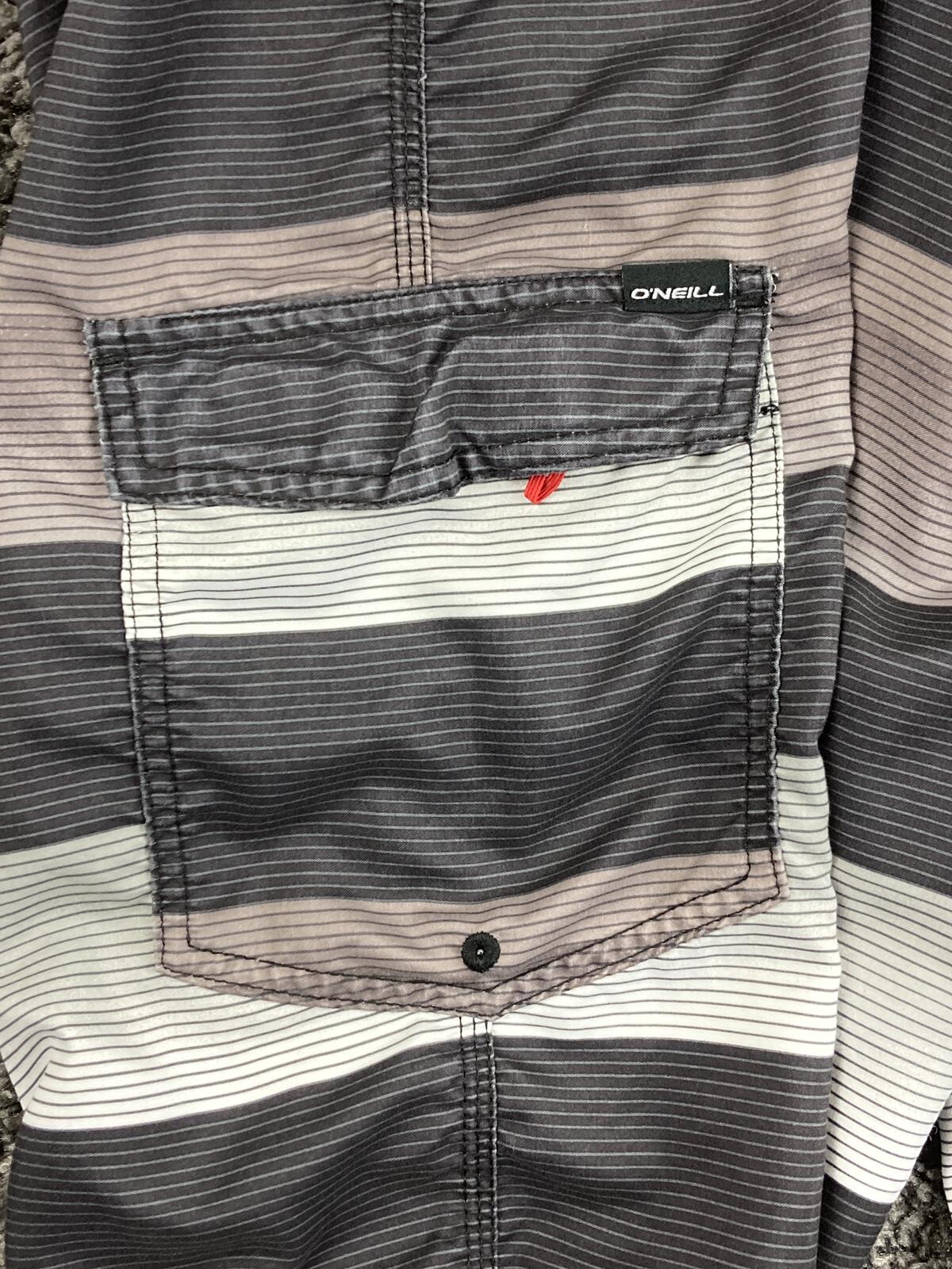 O'Neill Mens Board Shorts Gray Striped Swim Trunks Cargo Pocket Surfing Size 38