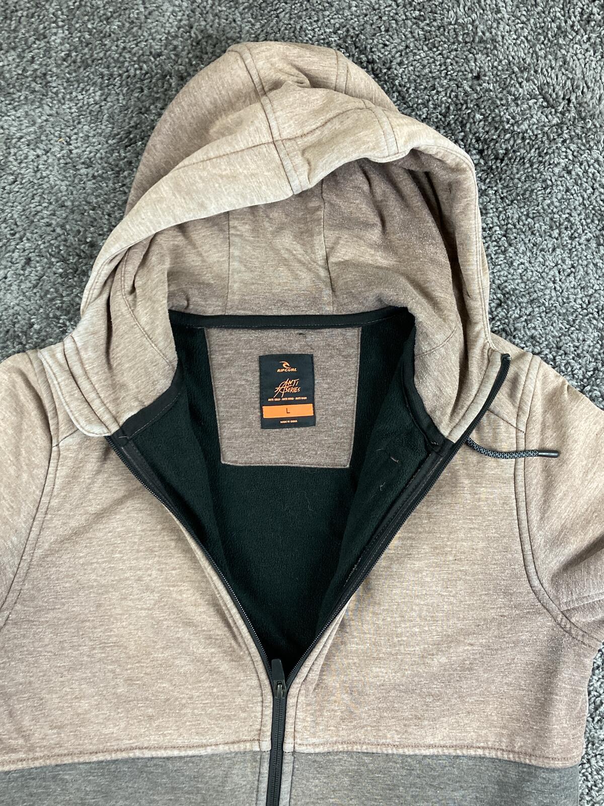 Rip Curl Anti Series Mens Full Zip Hoodie Jacket Beige Gray Fleece Lined Sz L