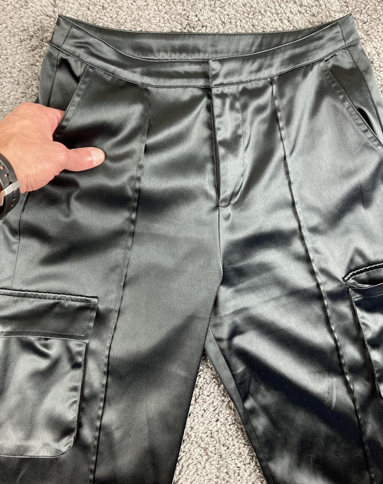 Forever 21 Black Satin Cargo Pants Womens Wide Leg High Rise Pleated Utility M