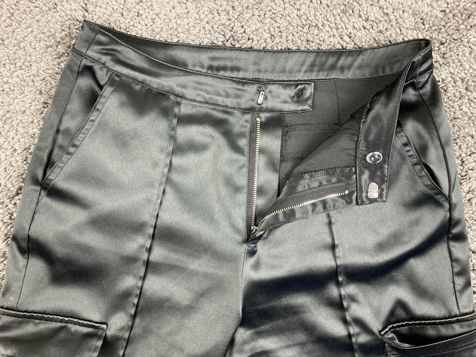 Forever 21 Black Satin Cargo Pants Womens Wide Leg High Rise Pleated Utility M