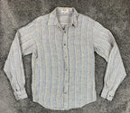 Fabindia Mens 100% Linen Shirt Blue Yellow Striped Long Sleeve Fitted Sz 40 L