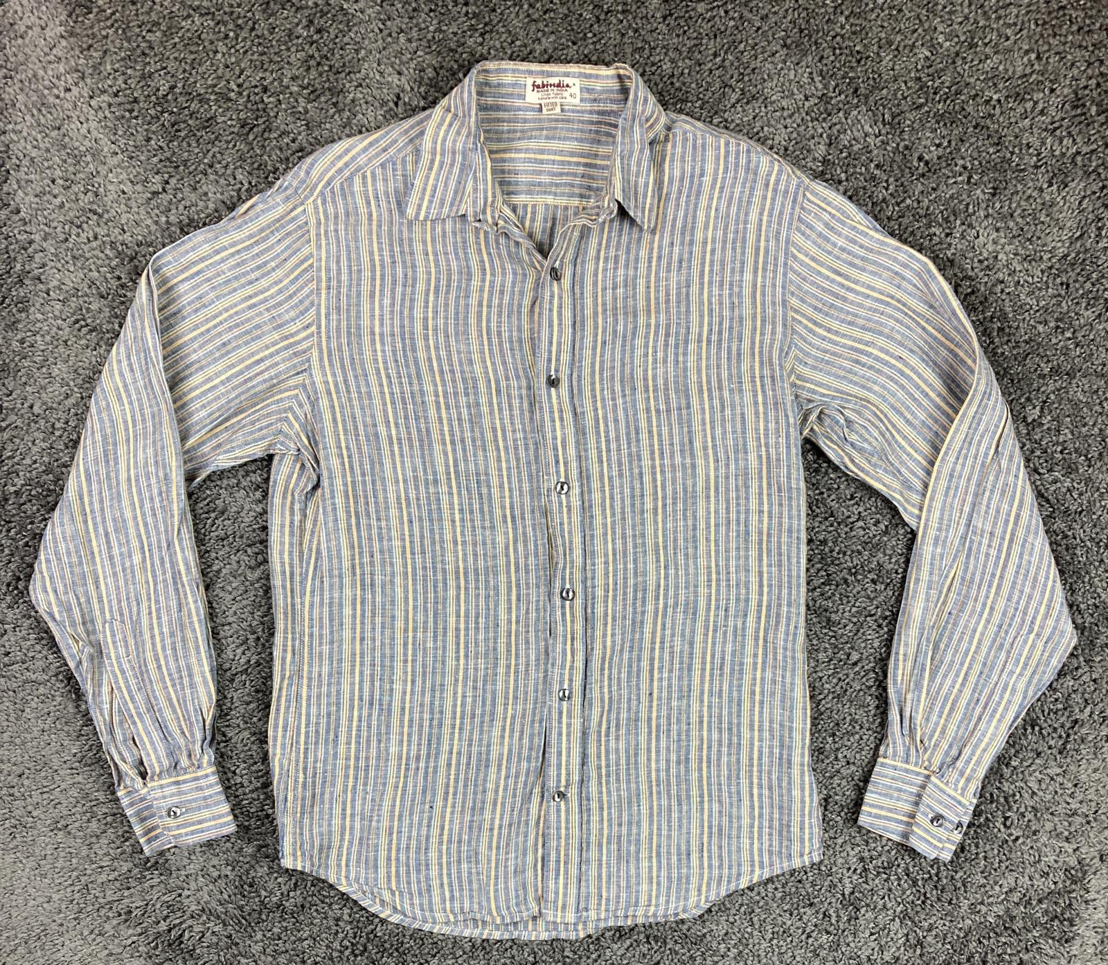 Fabindia Mens 100% Linen Shirt Blue Yellow Striped Long Sleeve Fitted Sz 40 L