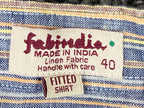Fabindia Mens 100% Linen Shirt Blue Yellow Striped Long Sleeve Fitted Sz 40 L