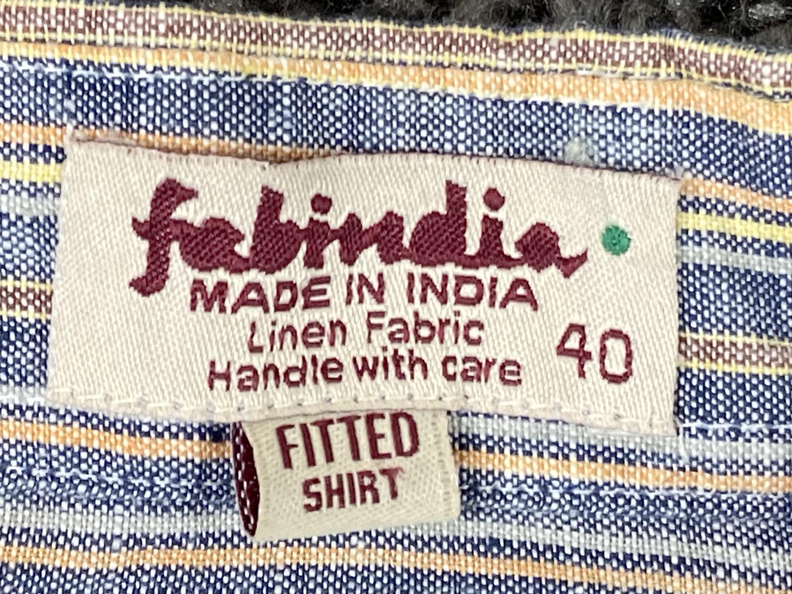 Fabindia Mens 100% Linen Shirt Blue Yellow Striped Long Sleeve Fitted Sz 40 L