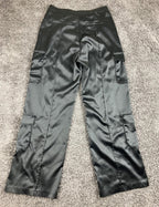 Forever 21 Black Satin Cargo Pants Womens Wide Leg High Rise Pleated Utility M