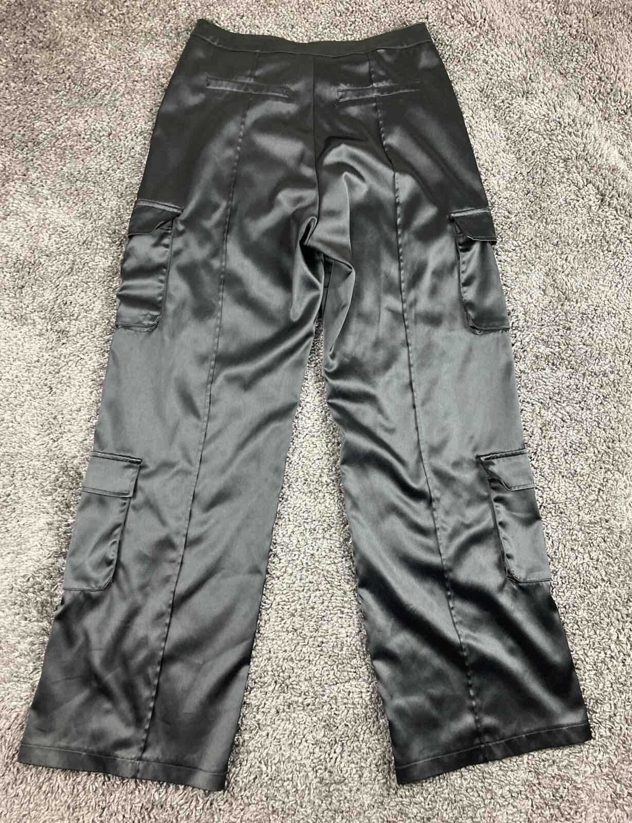 Forever 21 Black Satin Cargo Pants Womens Wide Leg High Rise Pleated Utility M